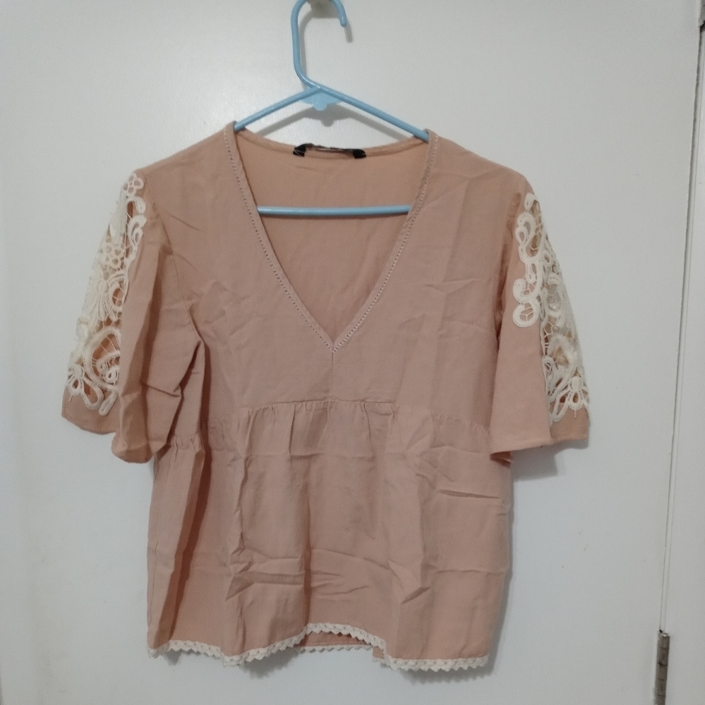 Zara Basic Bell Sleeve V Neck  Babydoll Camisole Blouse with Crocheted Accents M